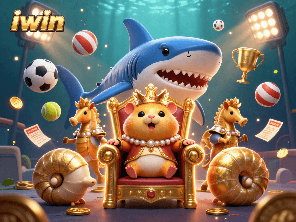 Engage with iwin's vibrant casino world featuring a golden hamster king and dynamic sports elements.