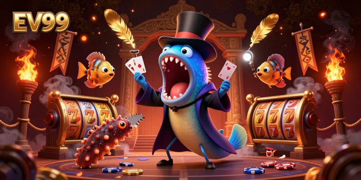 Engage with EV99 in an electrifying online casino scene featuring magical deep-sea characters.