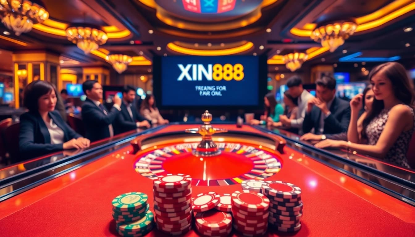 Players enjoying an exciting game at XIN88 casino with vibrant roulette table and poker chips.