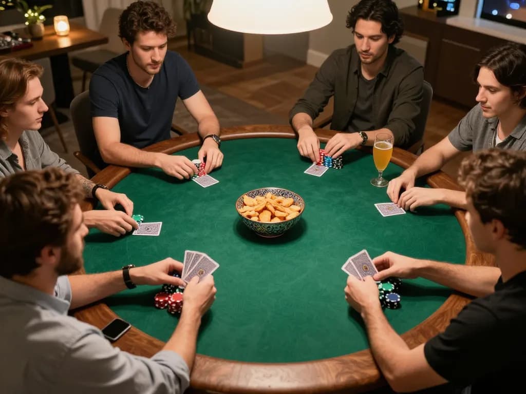 789win players participating in a competitive poker game at home, surrounded by snacks and drinks.