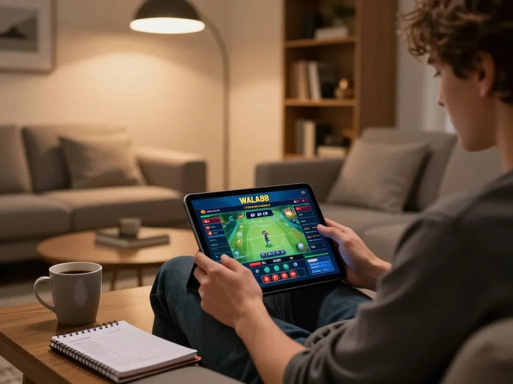 Engaging in đá ga cp4 wala88 on a tablet at home, showcasing a modern gaming setup.