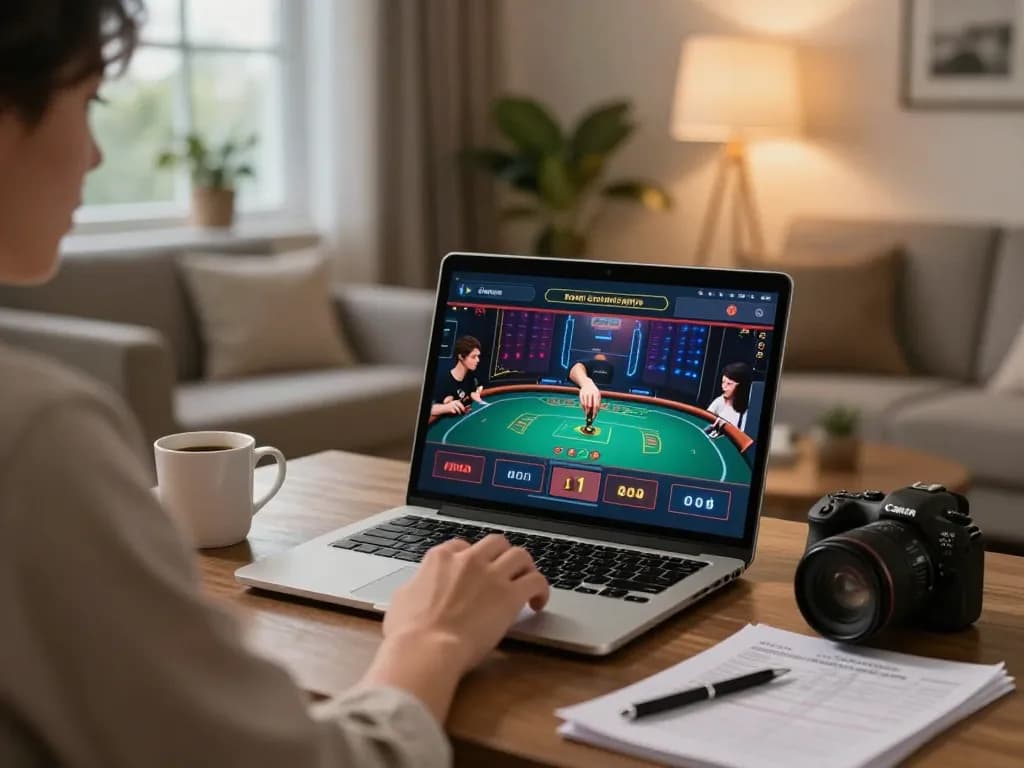 Engaged player enjoying 789WIN live casino action on a laptop at home, focused on gameplay.