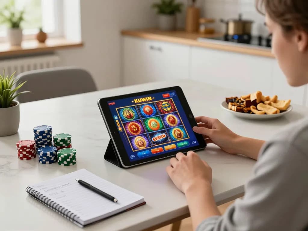 Engaging with KUWIN online casino on a tablet while strategizing gameplay at home