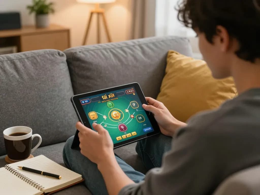 Engaging in tài xỉu online game on a tablet while relaxing in a cozy home environment.