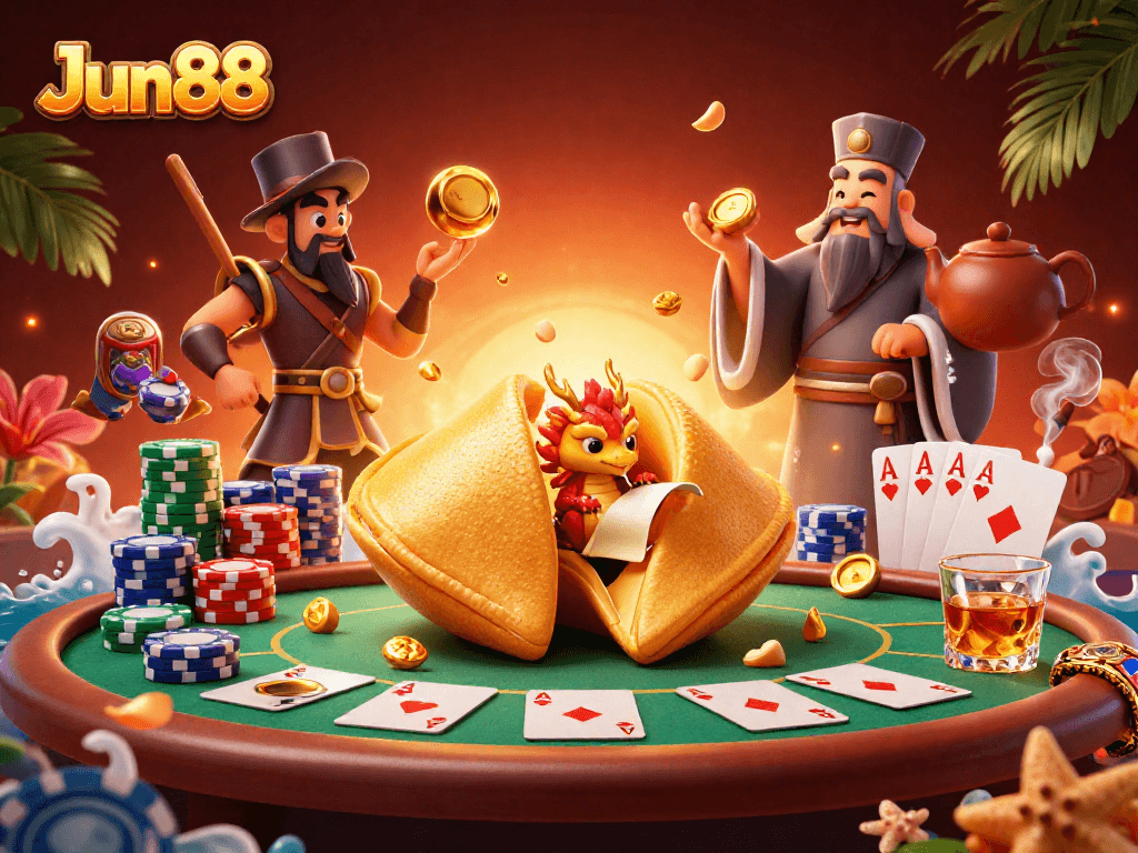 Experience thrill with Jun88 as a golden fortune cookie reveals exciting poker fortunes.