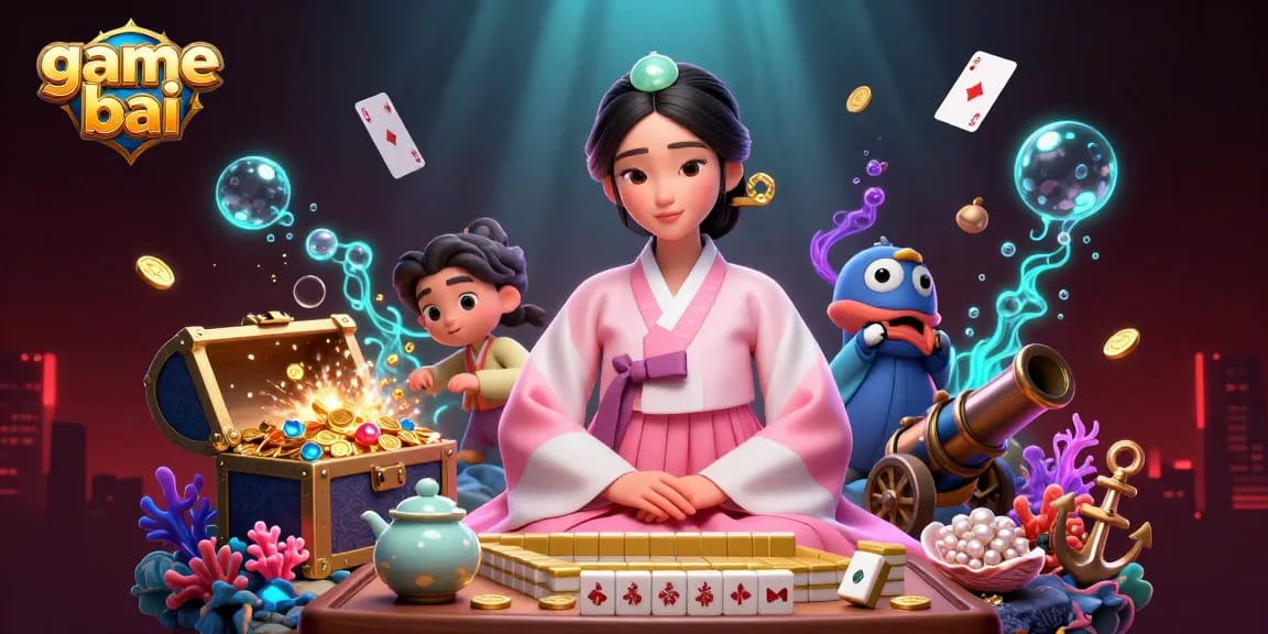 Play game bai with a serene Asian woman in traditional attire amidst treasure-filled underwater riches.