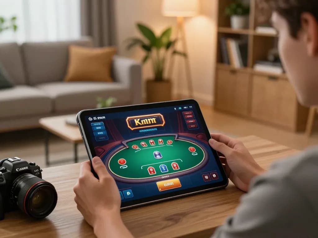 Engaging in responsible online gaming with nhacaiuytinn, showcasing a cozy home setting and dynamic tablet interface.