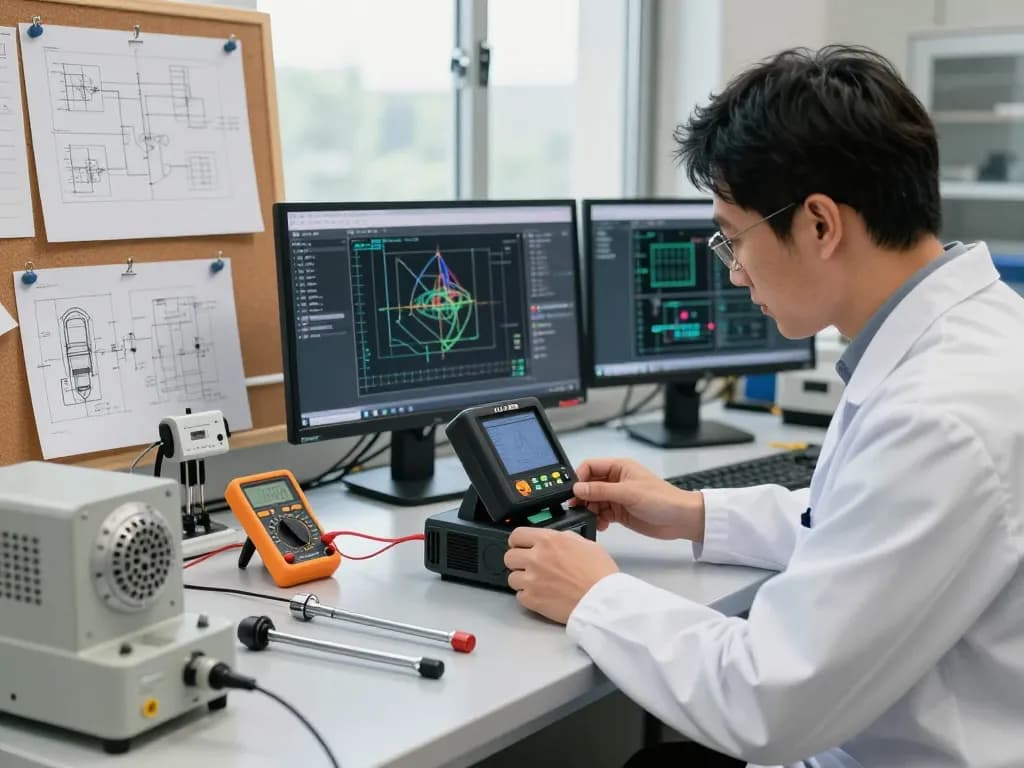 Engineer examining TA88 Magnetic Mount in a high-performance workspace filled with technical tools and screens.