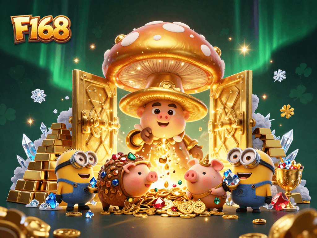 Experience the enchantment of F168 with a magical, treasure-filled casino scene featuring a golden mushroom wizard.