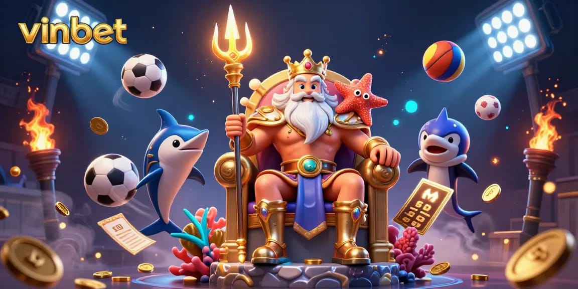 Engage with vinbet's dynamic gaming world featuring Neptune and sports elements in 3D.