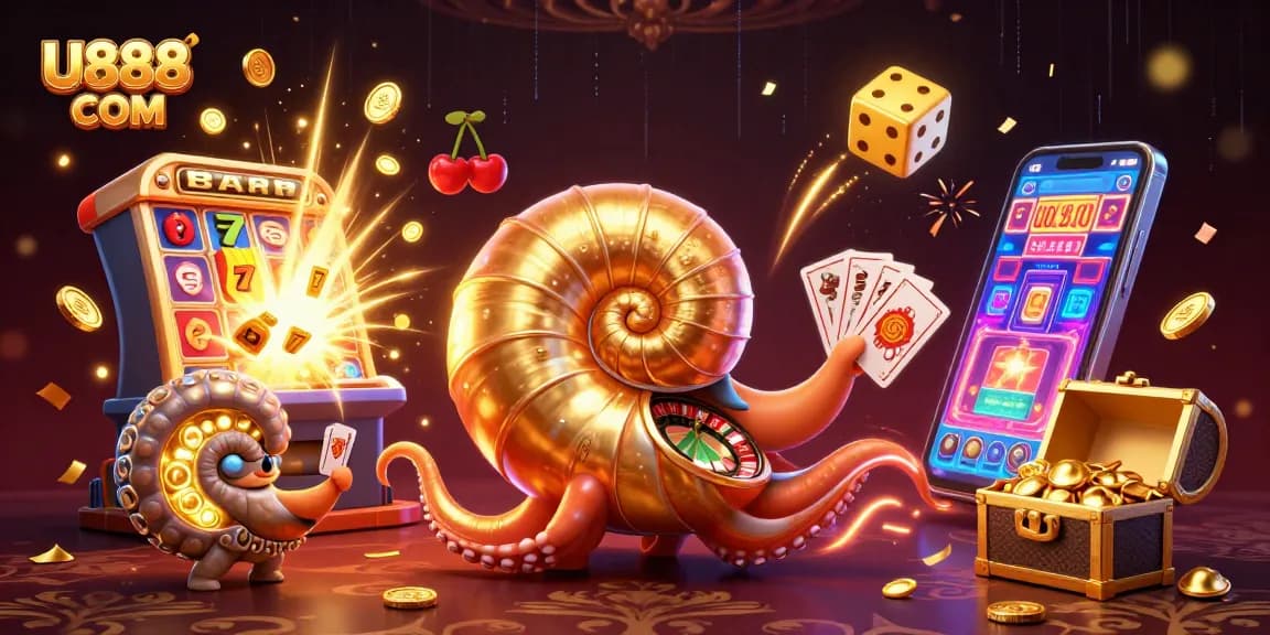Engage with thrilling U888 COM action through dazzling nautilus and slot machine illustration.