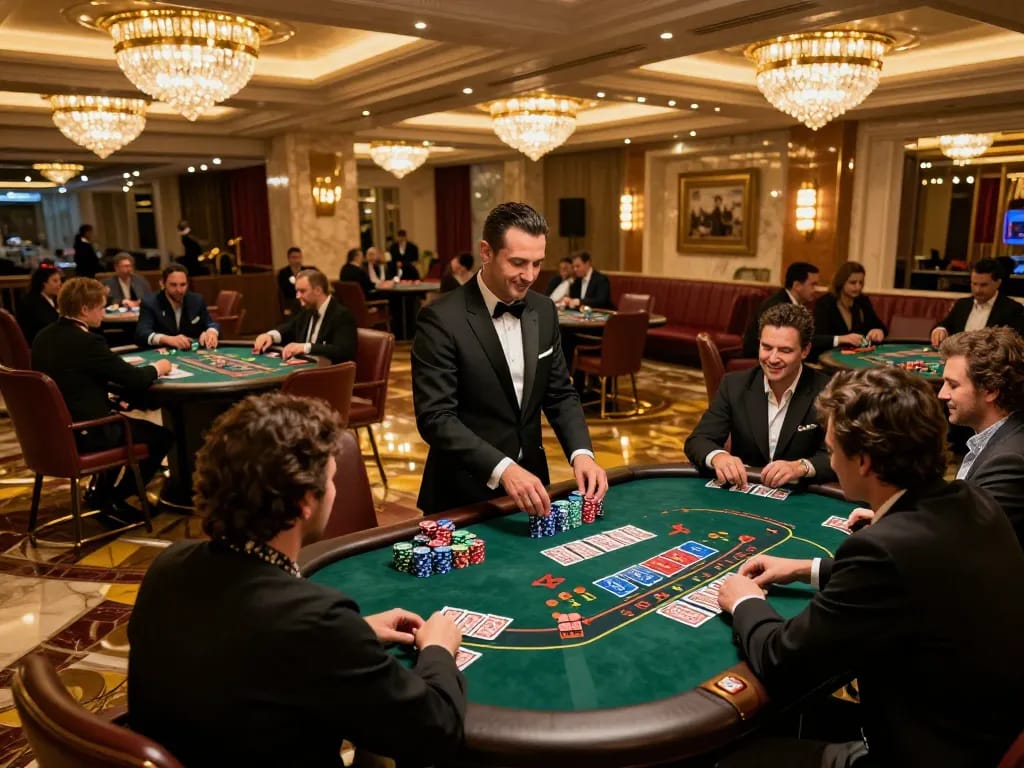 Engaging players strategizing at 789BET's luxurious blackjack tables in a vibrant casino setting.