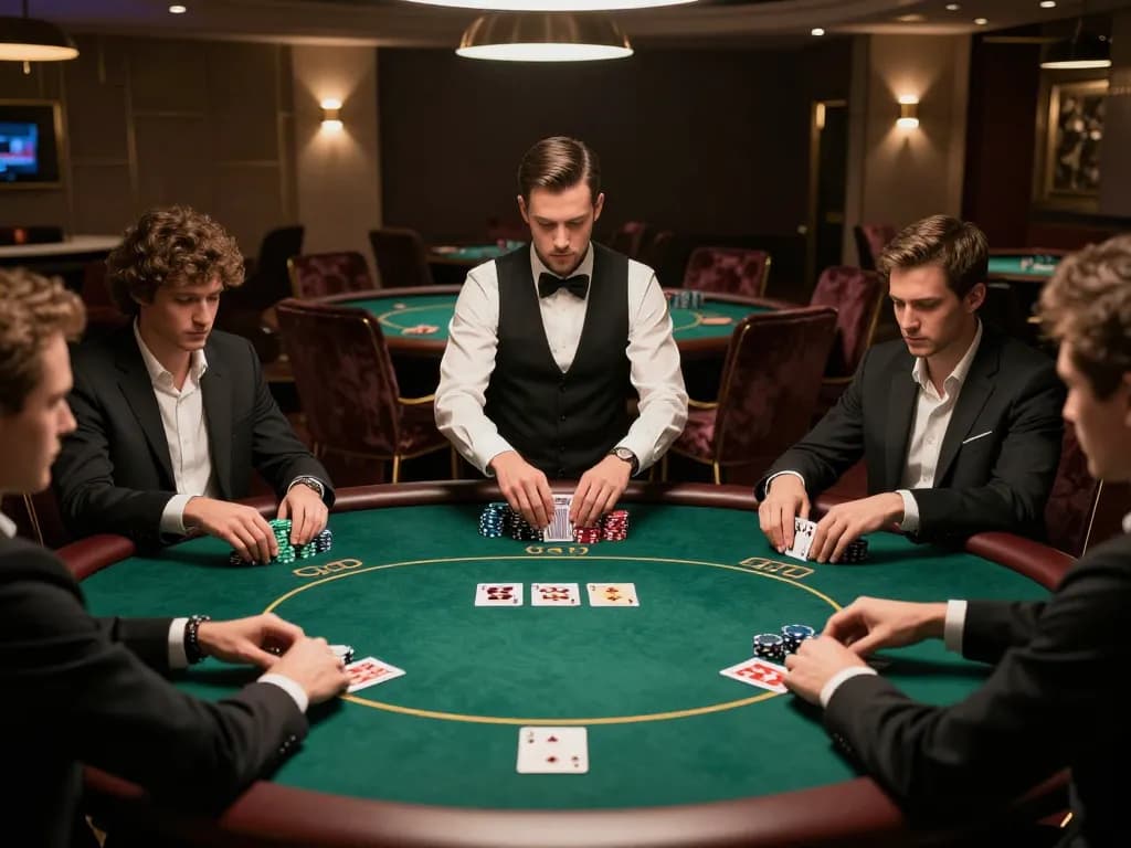 Players intensely engaged in a high-stakes poker game at nohu90, showcasing the luxury and strategy of online gambling.