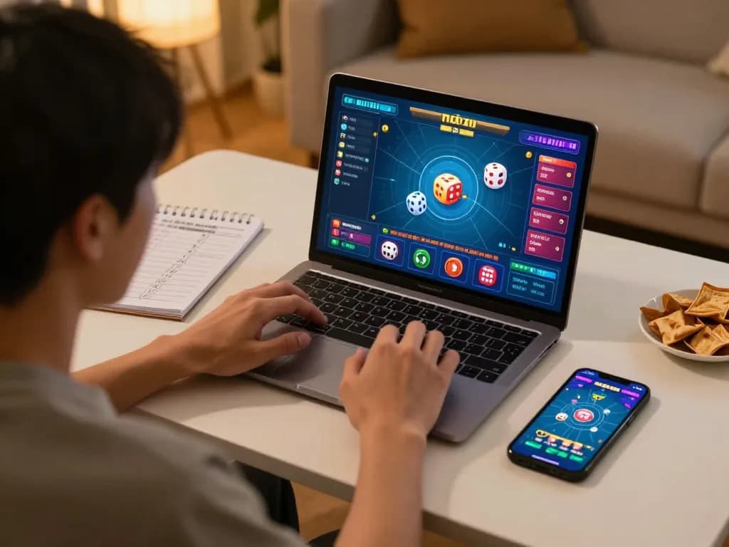 Engaging gameplay scene of tài xỉu online on a laptop and smartphone in a cozy home setting.