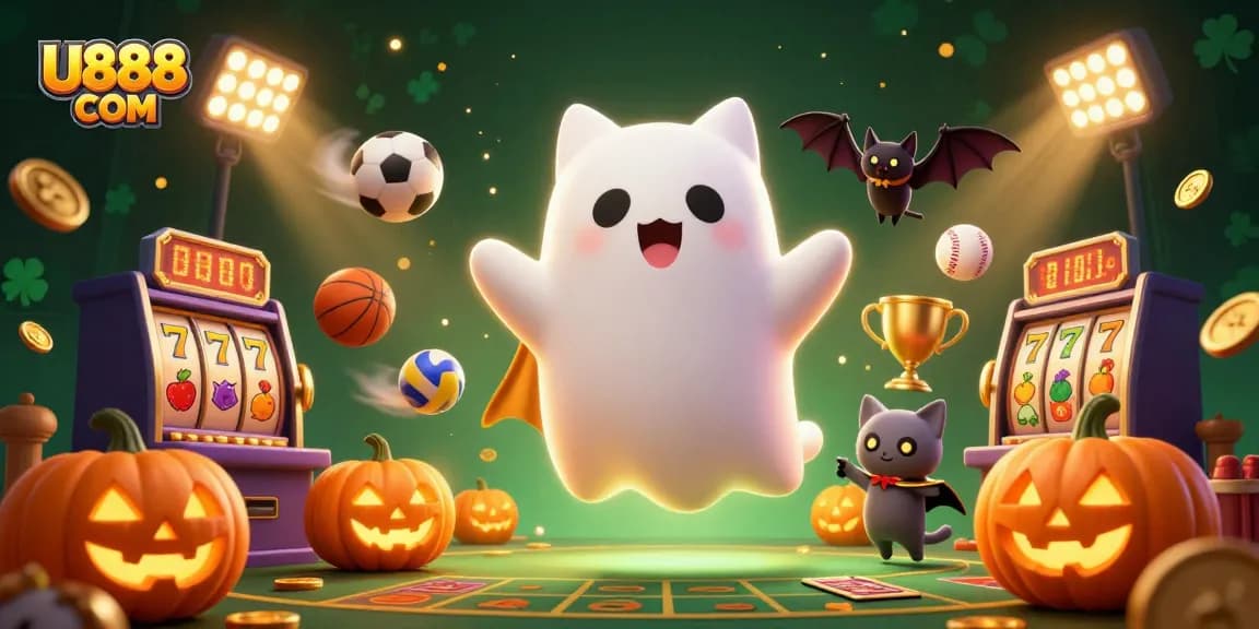 Experience U888 COM's thrilling casino adventures with a ghost cat and vampire bat in a vibrant haunted environment.