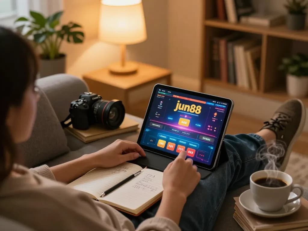 Player engaging with the jun88 online casino on a tablet in a cozy home setting