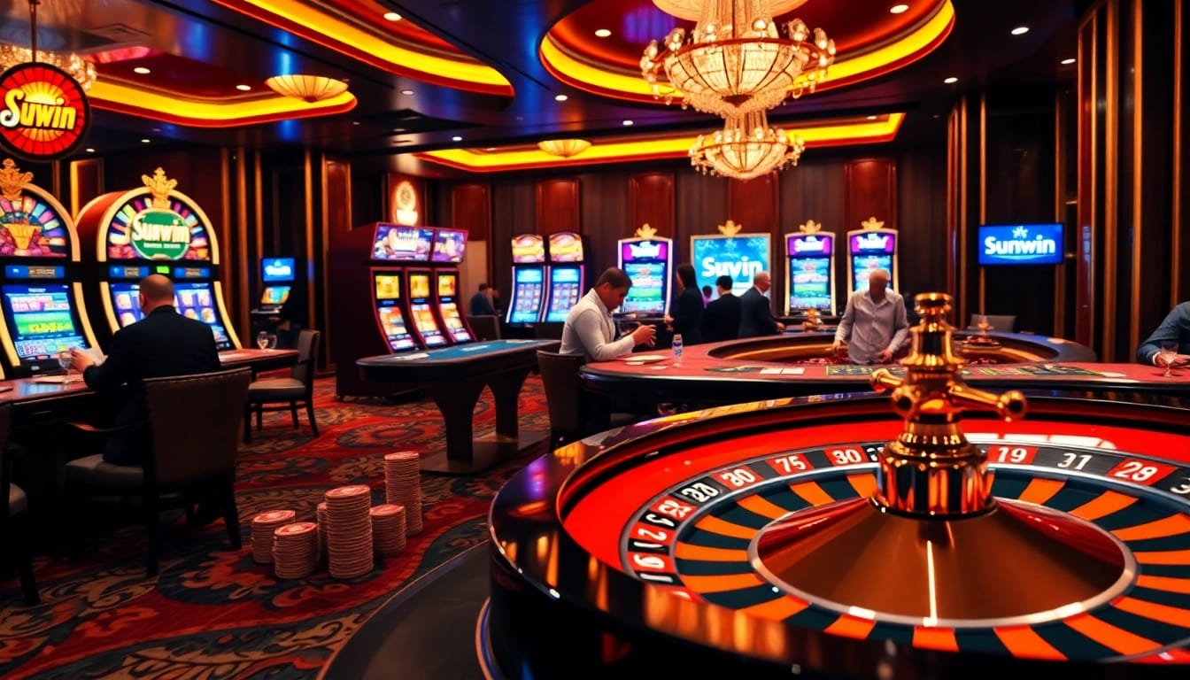Experience the thrill at sunwin casino, highlighting vibrant gaming tables and elegant players.