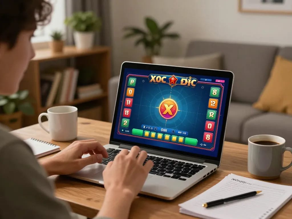 Xóc Đĩa Online gameplay on laptop in a cozy living room setting with strategy notes and warm lighting.