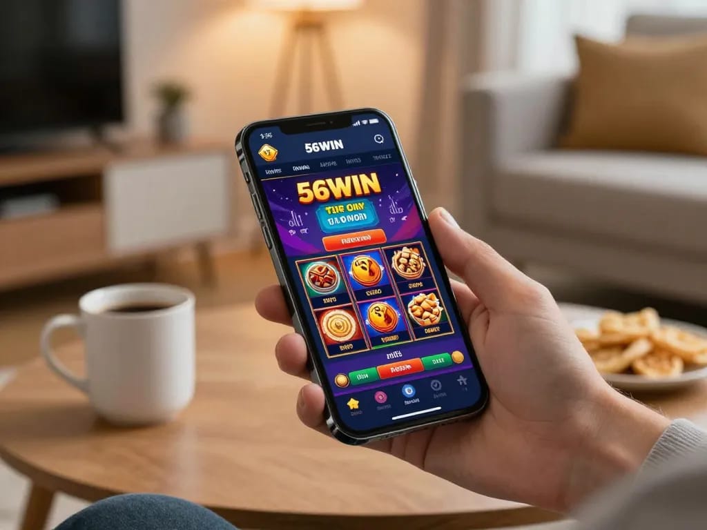 56WIN app shown on smartphone while user enjoys online casino gaming at home, showcasing an engaging gaming experience