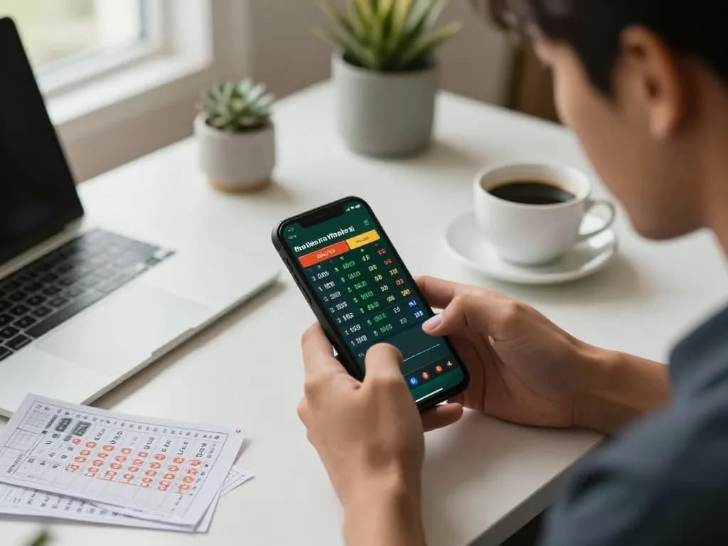 Engaged player analyzing keo nha cai odds on smartphone in modern home office.