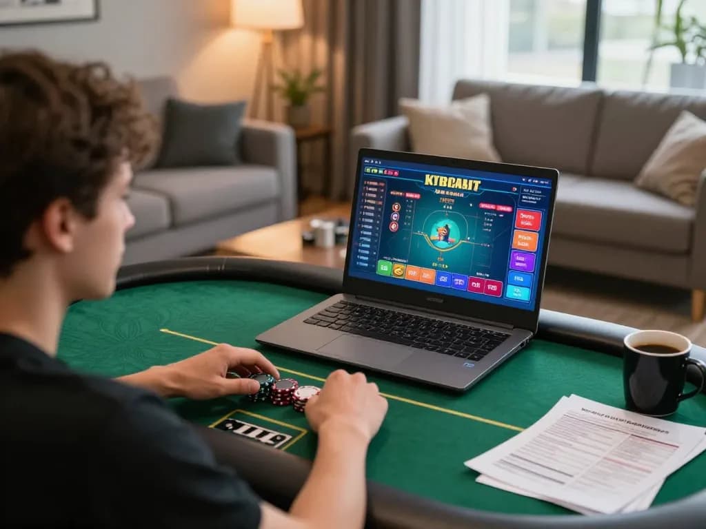 Player immersed in 8day online poker gaming on laptop with strategy notes nearby