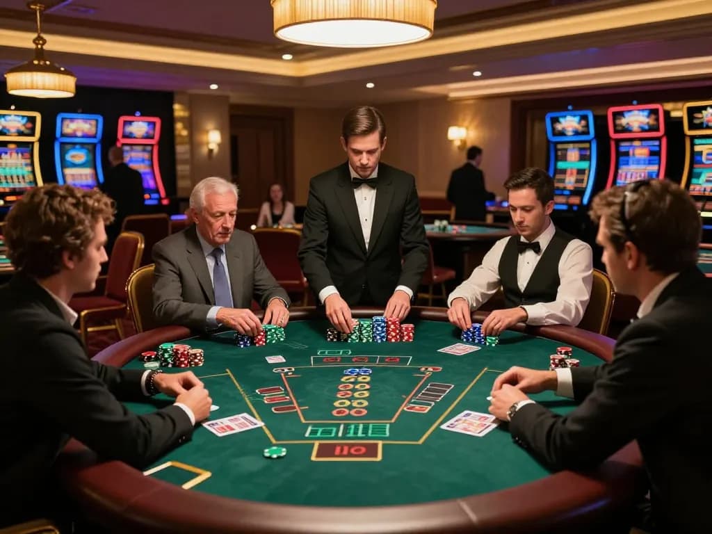 Players at TA88 casino intensely strategizing their blackjack game with colorful chips.