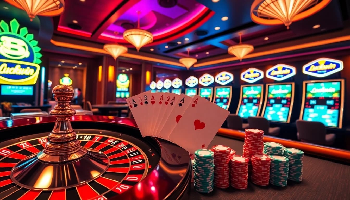 Luckywin casino scene featuring roulette wheel, poker chips, and vibrant slot machines.