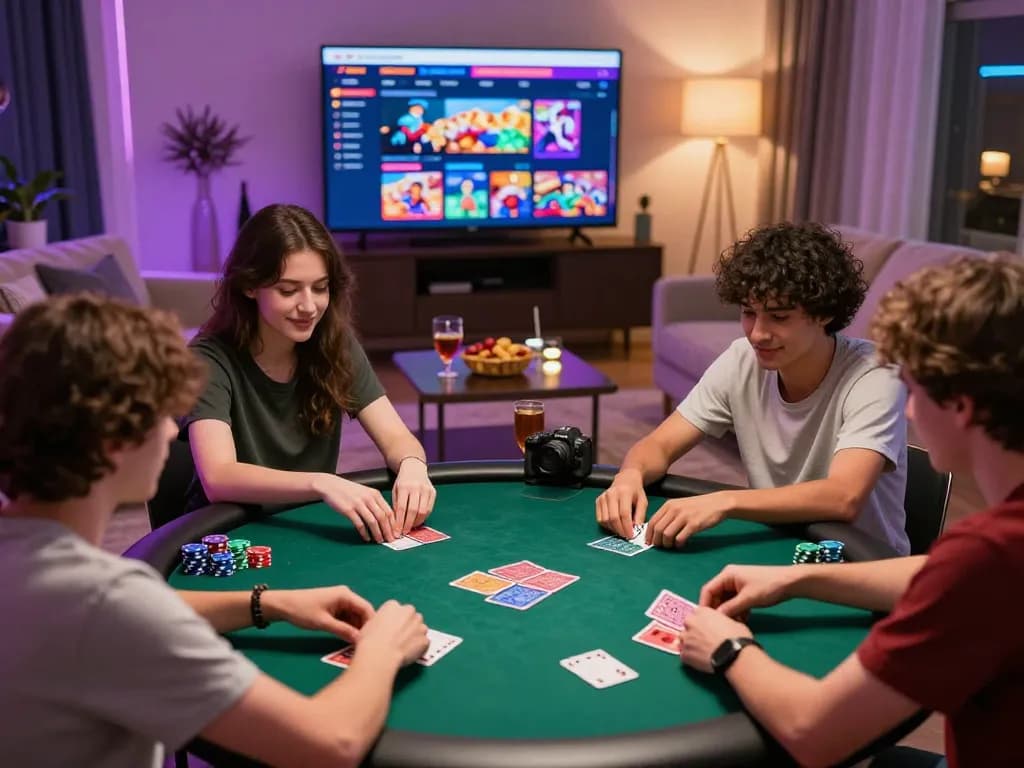 Friends enjoying a game night with 789bet vip poker on the screen and snacks around.