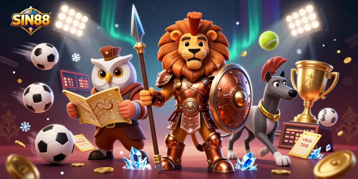 Join the SIN88 adventure with a Spartan lion, tactical owl, and greyhound amidst dynamic betting elements.