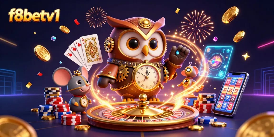 Experience thrilling action at f8betv1 with a vibrant casino scene featuring a time-traveler owl and dynamic game elements.