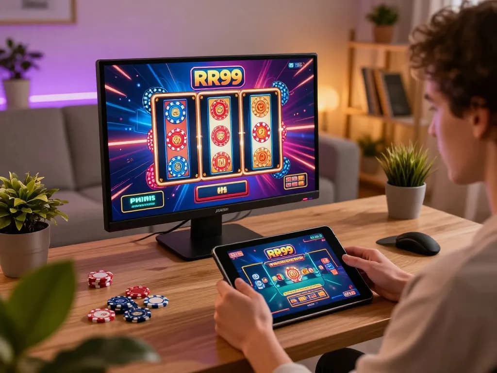 Engaging in RR99 online casino gaming on a tablet while surrounded by colorful visuals and warm home ambiance.