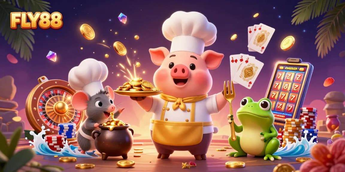 Fly88 chef pig and friends serving golden coins in a vibrant casino scene.