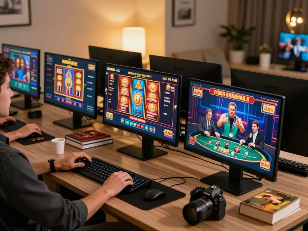 OK365 gaming setup showcasing a thrilling online casino experience with vibrant action and professional décor.