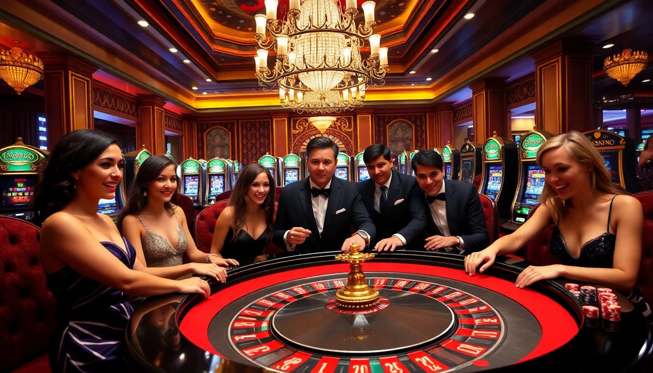 SODO CASINO players enjoying a thrilling roulette game amidst vibrant slot machines.