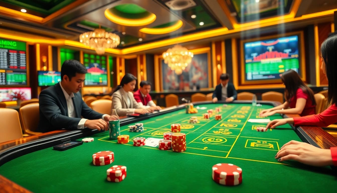 Tài xỉu MD5 table with vibrant casino ambiance, exciting betting action, colorful dice, and poker chips.