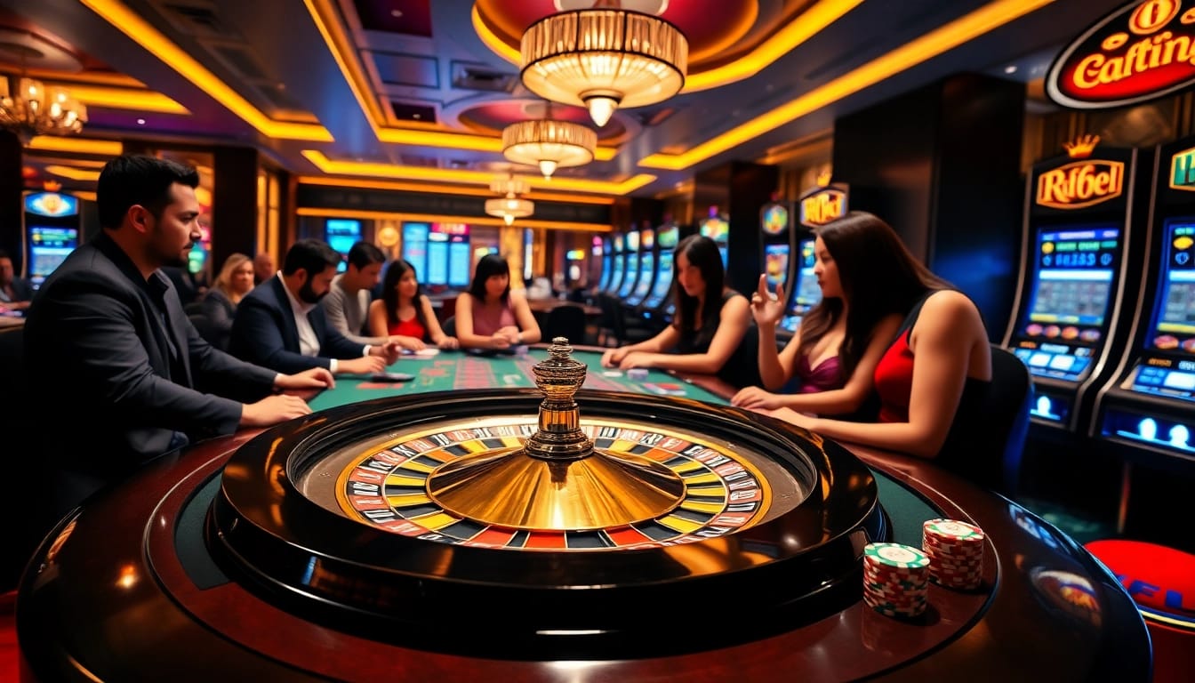 Players enjoying their luck at RR88's vibrant casino scene with roulette and blackjack tables.