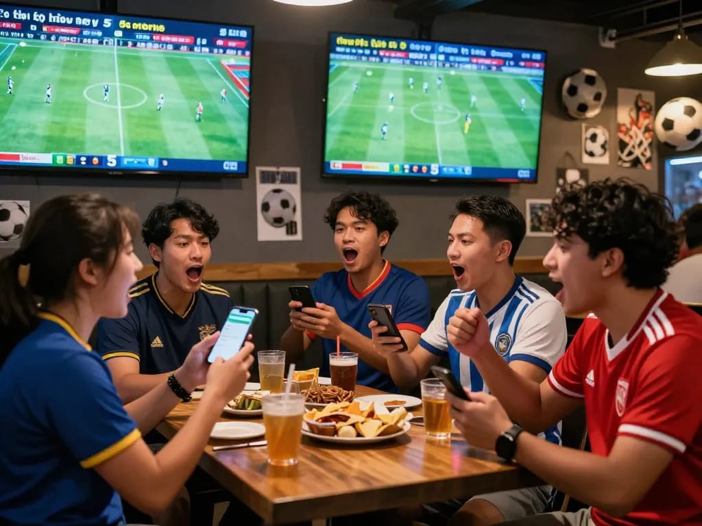 Fans analyzing tỷ lệ kèo nhà cái 5 while watching a live soccer match in a vibrant sports bar.