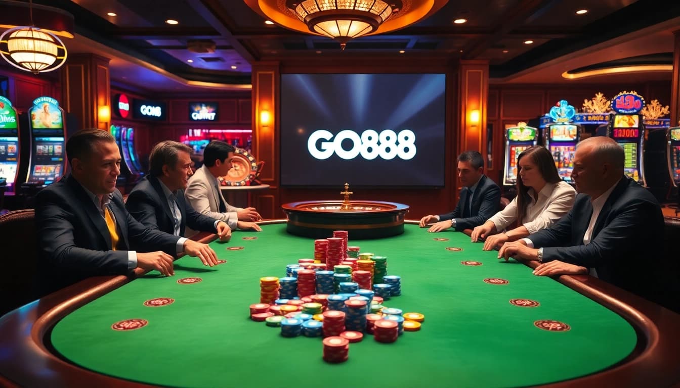Players enjoying a thrilling poker game at a lavish casino table with the GO88 logo displayed.