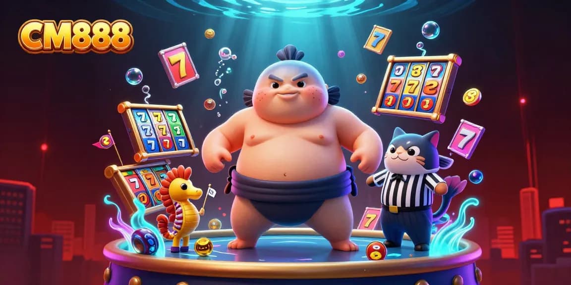Experience the vibrant world of CM888 with lively slot reels and dynamic characters in this online casino illustration.
