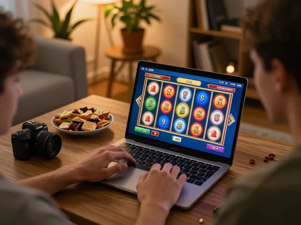 Nohu90 player enjoying online slots with vibrant graphics in a cozy home setup