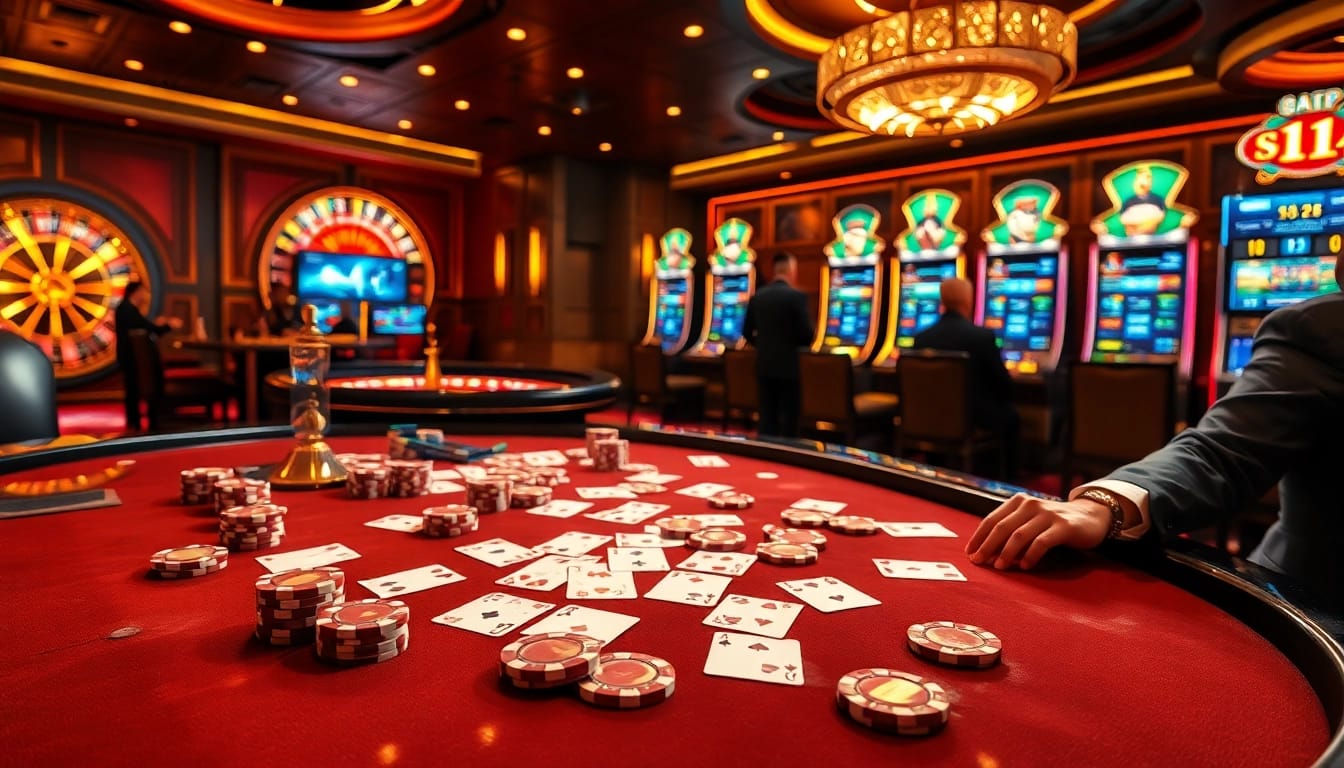 The thrilling atmosphere of gambling at https://luongsontv60.com/, showcasing luxury poker tables and spinning roulette wheels.