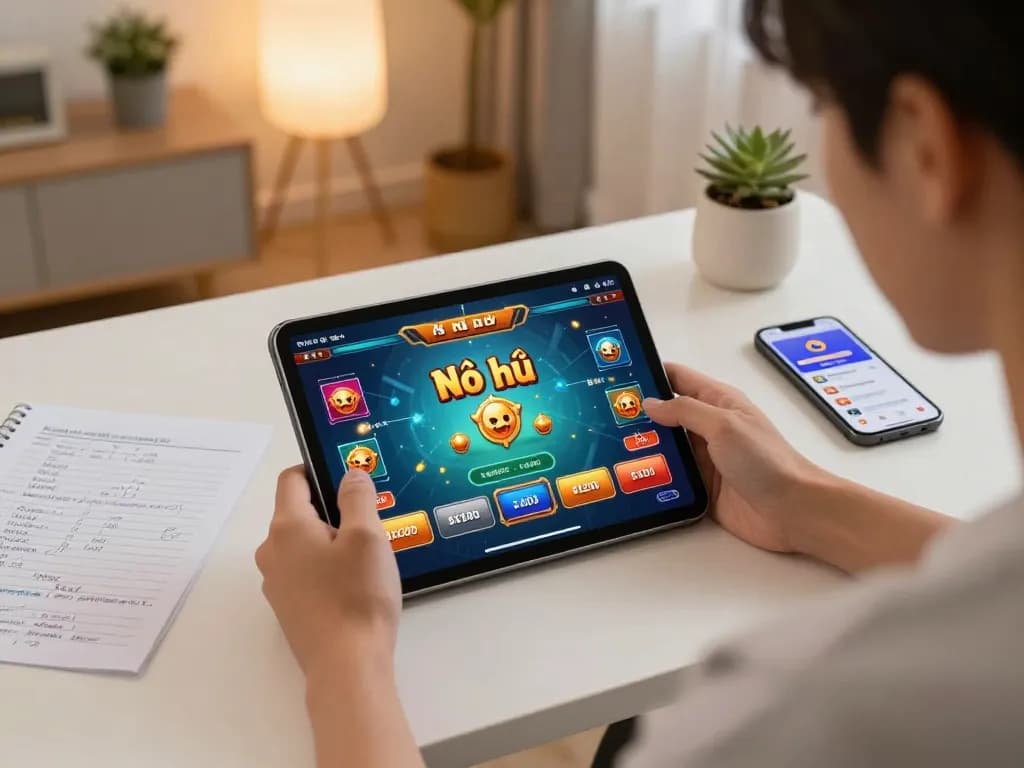 Nổ hũ gameplay on a tablet shows a player strategizing their next move in an inviting home office.