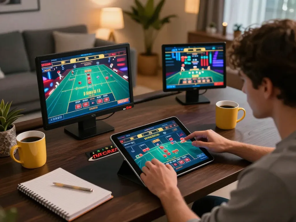 Engaging with hitclub casino games on a tablet in a cozy home setting.