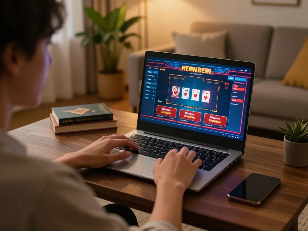 Engaging in online gaming at VS555 Casino with poker and slot games displayed on a laptop in a cozy setting.