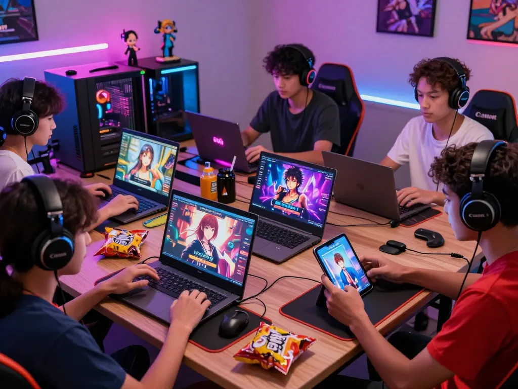 Exciting scene of players enjoying interactive porn games on various devices in a vibrant gaming environment.