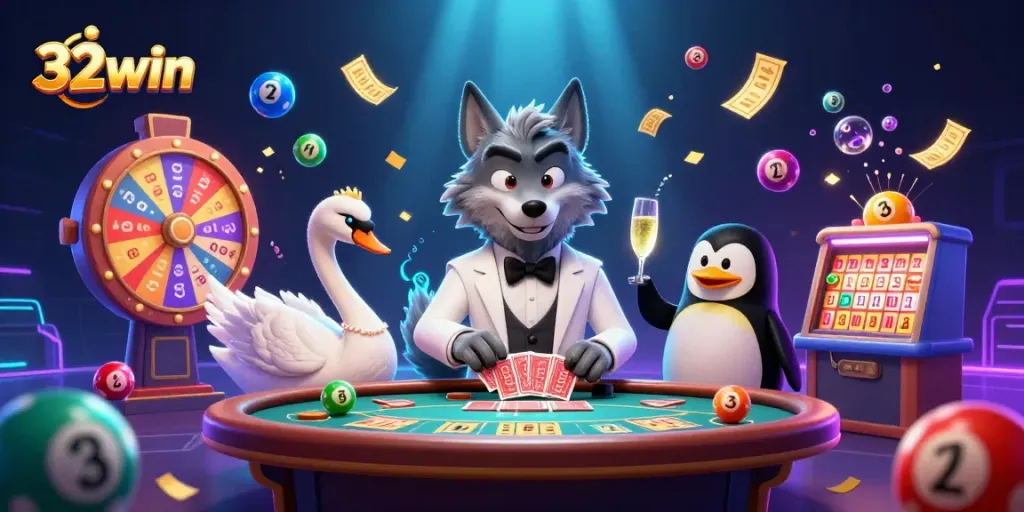 Experience exciting games at 32win with a vibrant scene featuring unique characters and dynamic casino elements.