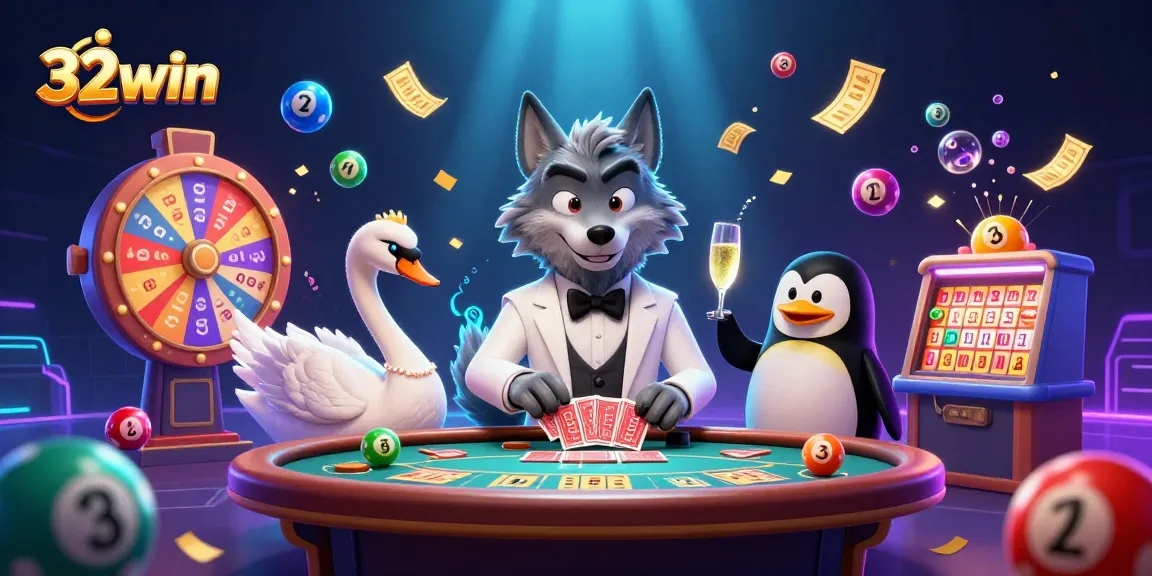 Experience exciting games at 32win with a vibrant scene featuring unique characters and dynamic casino elements.