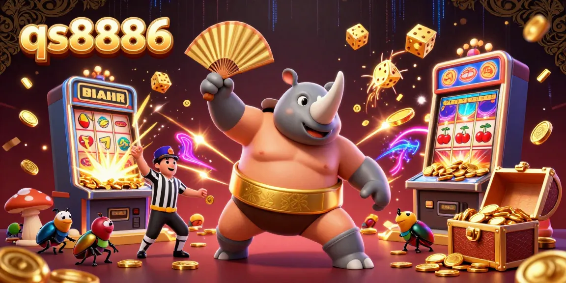 Experience the excitement of qs8886 with a 3D illustration of a beetle Sumo champion and slot machine jackpot.