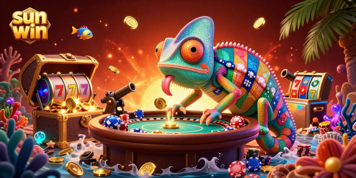 Join the sun win adventure with a vibrant chameleon casino owner watching jackpots explode in a cartoon casino.