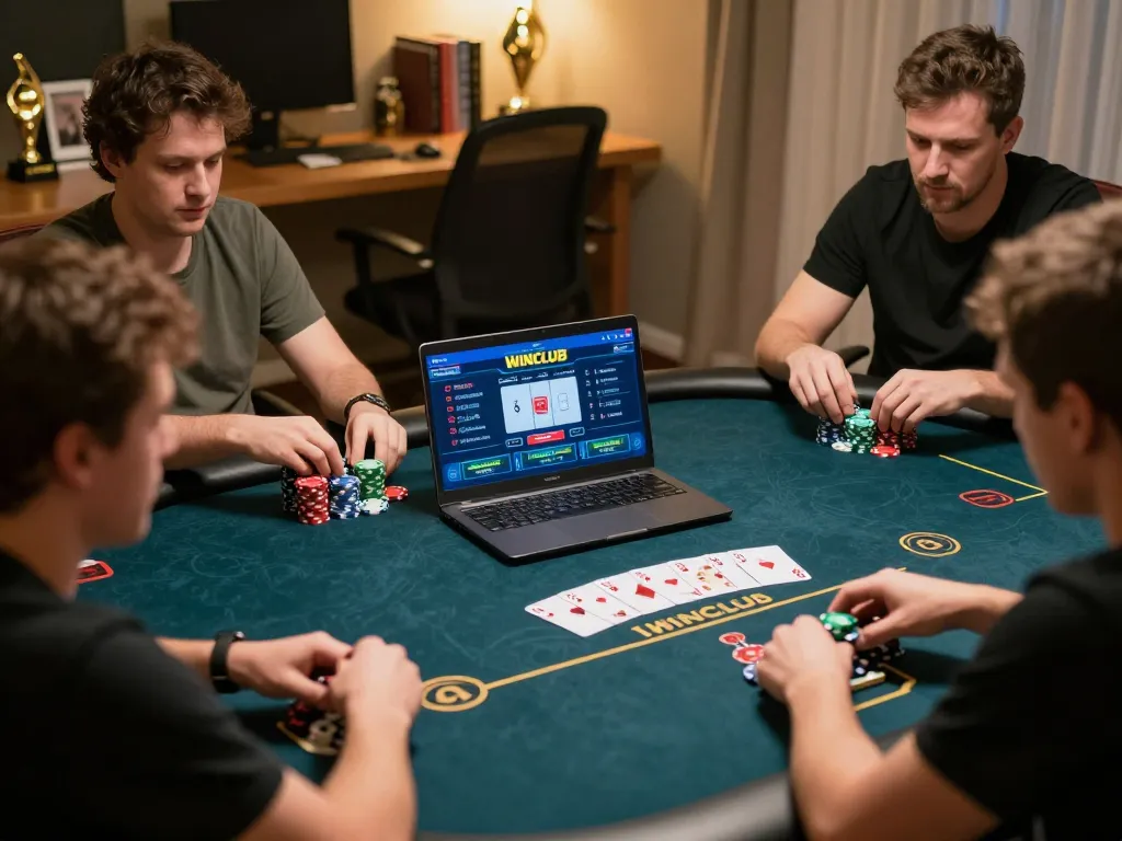 IWINCLUB players strategizing during an intense online poker game with chips prominently displayed